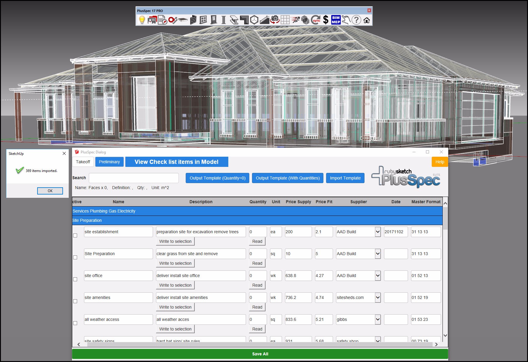 This image shows an imported searchable  spreadsheet Check list with Master format